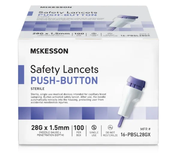 Safety Lancet McKesson 28 Gauge Retractable Push Button Activation Finger