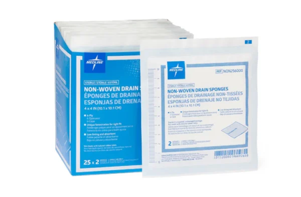 Sterile Nonwoven Gauze Drain Sponges, Premium, 6-Ply, 4" x 4", 2/Pack